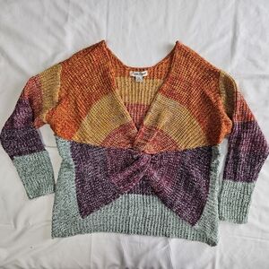 Caren Sport Womens 1X Striped Twist Front Multicolor Sweater V Neck Long Sleeve